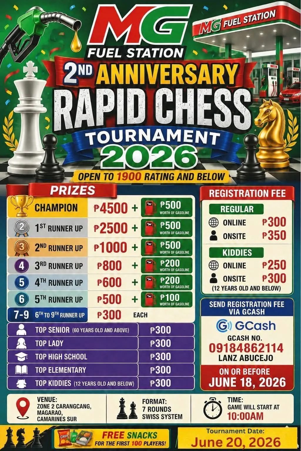 MG Fuel Station 2nd Anniversary Rapid Chess Tournament 2026 poster